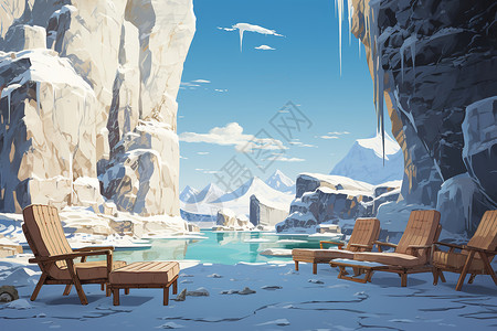寒冷的冬季冰柱创意雪山中的度假椅插画
