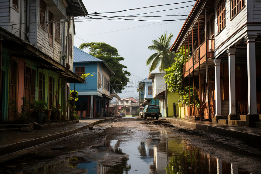 雨后潮湿的城镇街道图片