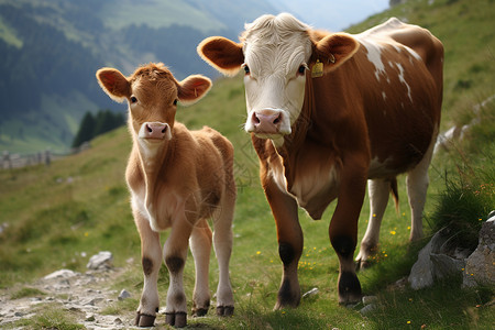 呆萌牛可爱的山中养殖奶牛背景