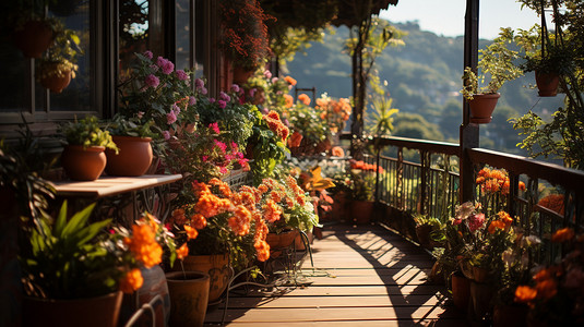 很多颜色阳台上有很多美丽的盆栽背景