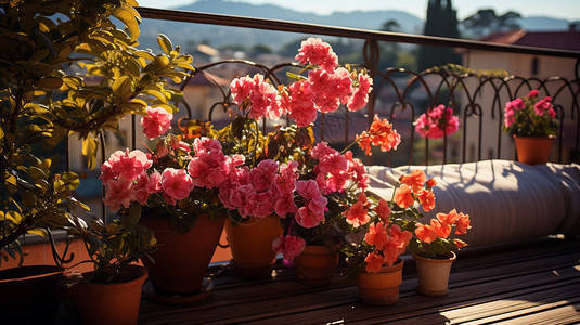 很多颜色阳台上有很多盆栽花朵背景