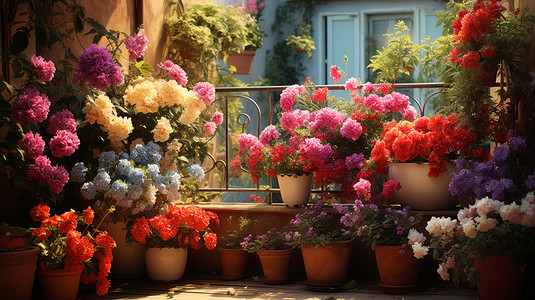 有颜色的植物阳台上有很多鲜艳的鲜花背景