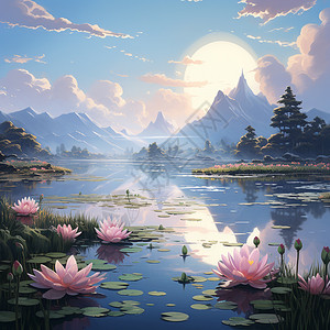一幅有湖与百合花的美景背景图片