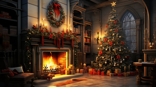 客厅的壁炉和圣诞树背景图片