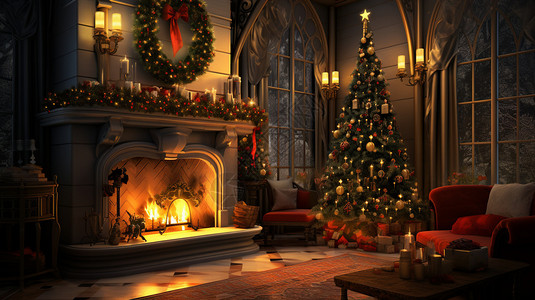 一棵圣诞树在客厅里背景图片
