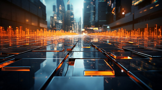 蓝线橙线汇聚的数字城市科技背景图片