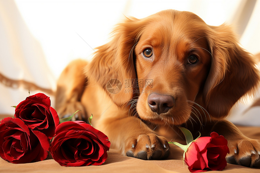 可爱的小狗和玫瑰花图片