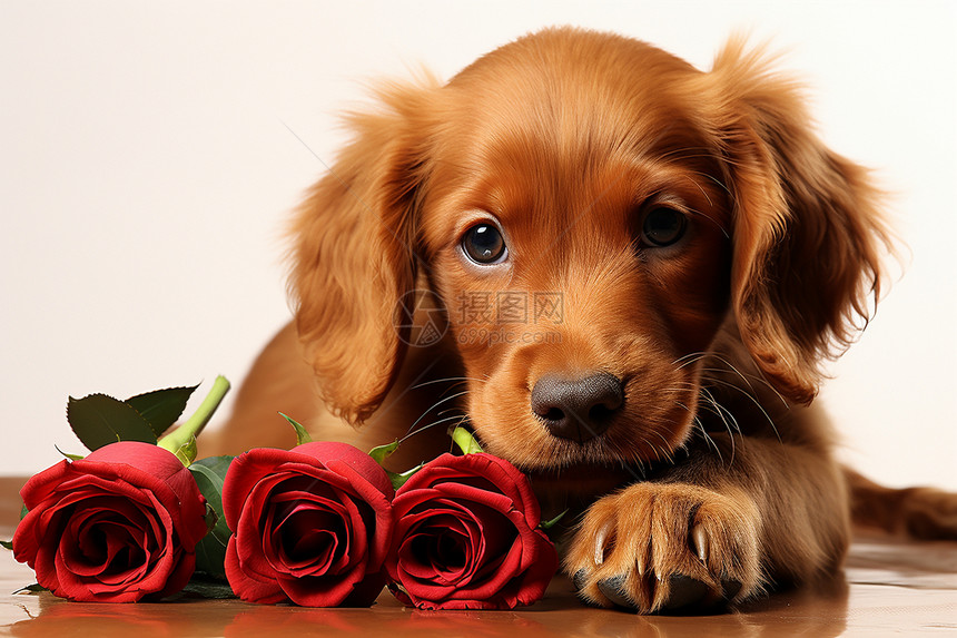 棕色小狗身边放着玫瑰花图片