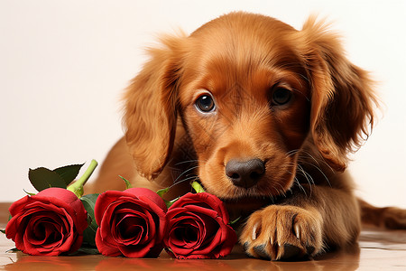 棕色小狗身边放着玫瑰花背景图片