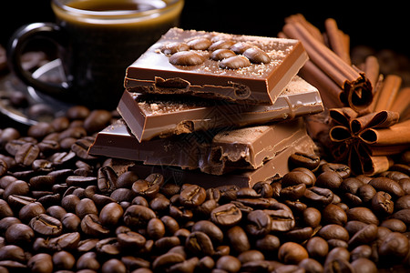 美味的咖啡豆和巧克力图片