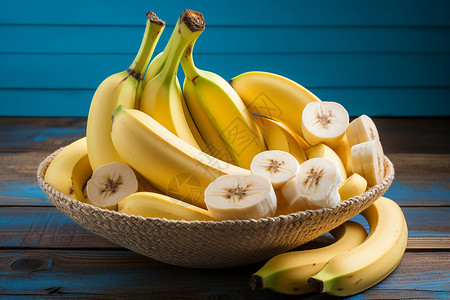 木板上篮子里的香蕉高清图片