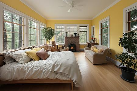 黄色的风扇木地板的卧室房间背景