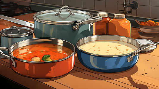 厨房中的锅碗瓢盆调味品容器图片