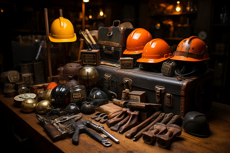 镐煤矿工具陈列在木质桌上背景