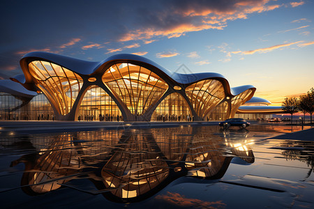 机场玻璃夜晚下的机场建筑设计图片