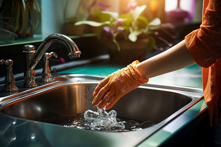 清洗手套女人在水龙头下用流动的水洗手背景