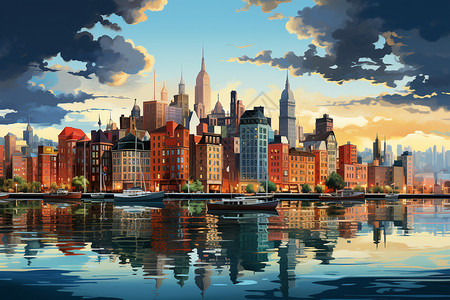 河畔都市的创意插图背景图片