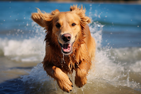 夏天海边玩耍的金毛犬图片