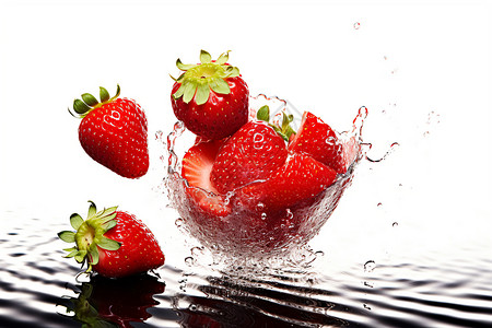水中洒落的草莓背景图片
