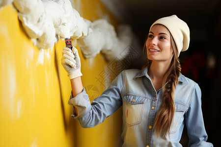 女工人在装修粉刷墙壁高清图片