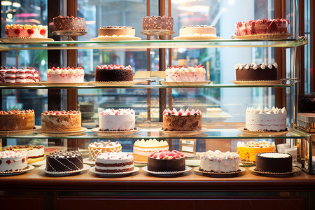 蛋糕店橱窗蛋糕店中的蛋糕款式背景