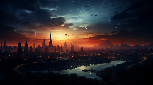 黄昏时的科幻城市图片