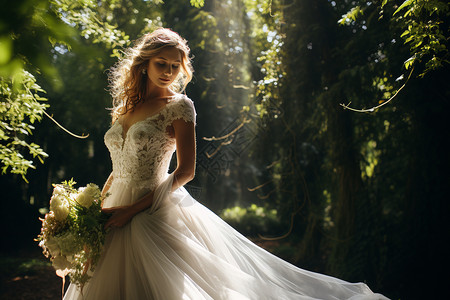 浪漫花园中的白裙新娘背景图片