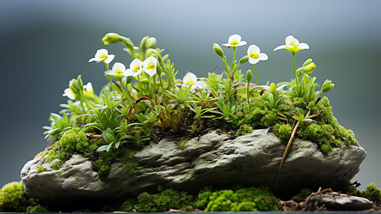 苔藓地上的小白花高清图片