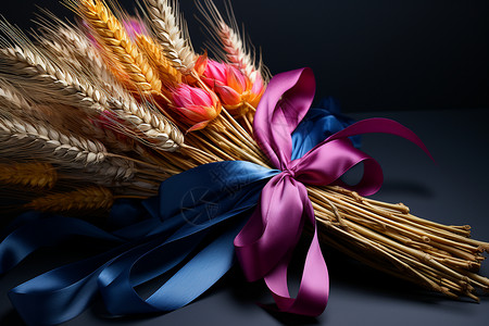 精美麦穗圆环用丝带装饰的麦穗花束背景