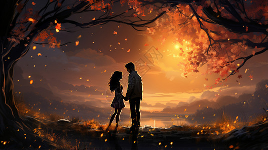 夕阳下的美景夕阳下的情侣插画