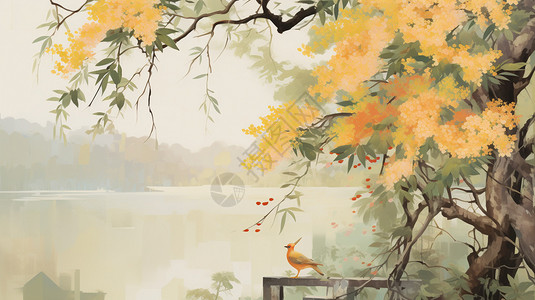 桂花树下美丽的湖水景色插画