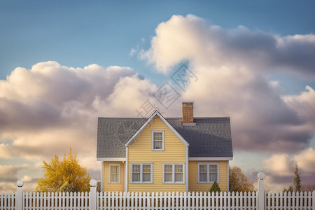 建筑围栏蓝天白云下的小房子设计图片