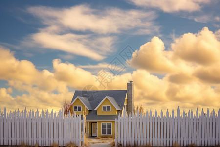 山羊围栏蓝天白云下的黄房子设计图片