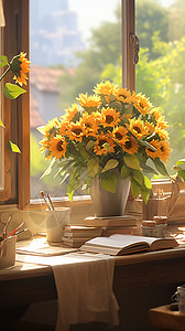 木窗台木桌上的花束和书本插画