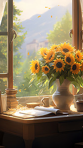木窗台木桌上的向日葵和书本插画
