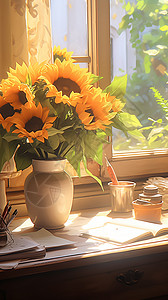 桌面上的书本和向日葵图片