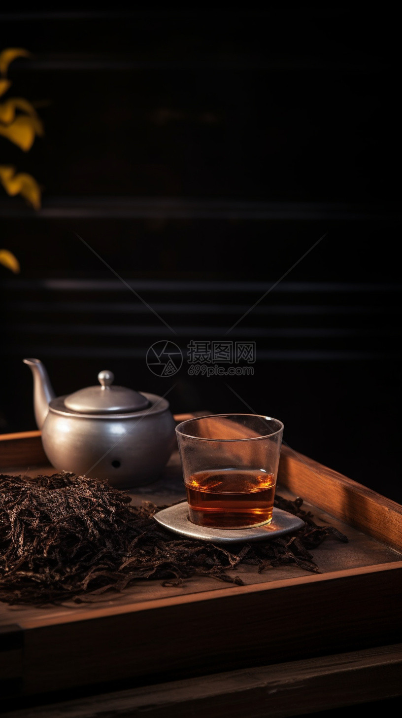 茶盘上的茶叶和茶具图片