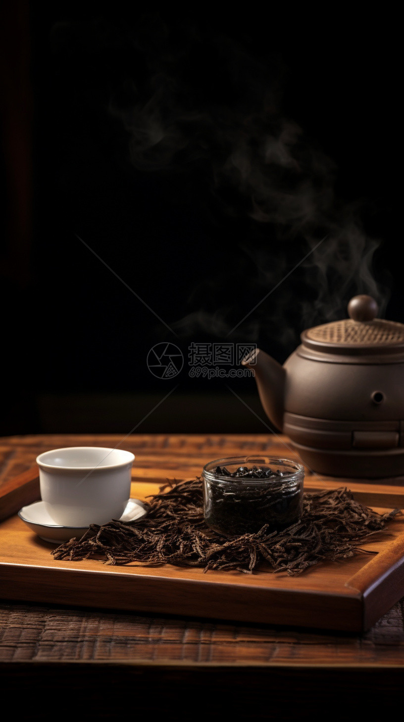木盘内的茶叶和茶具图片