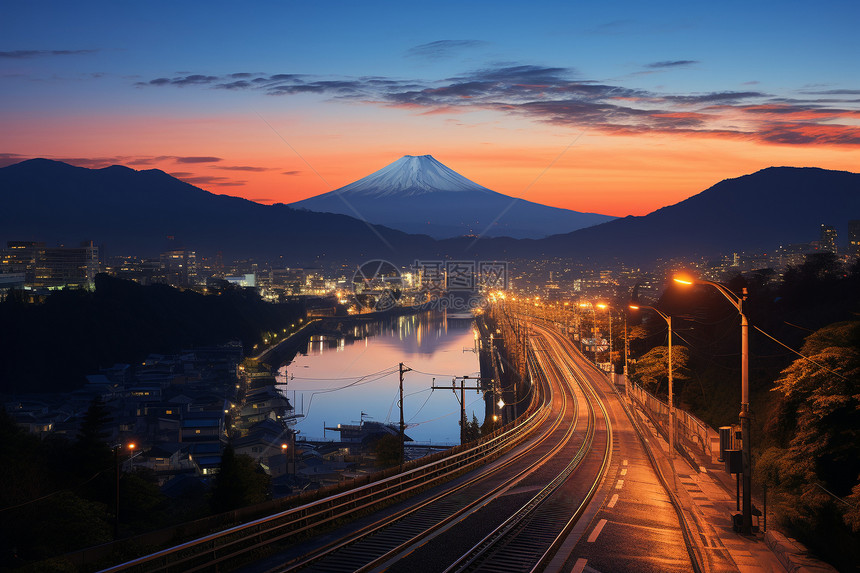 黄昏时的富士山图片