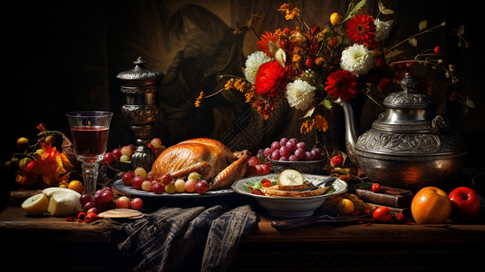 感恩节花束桌面上的食物背景