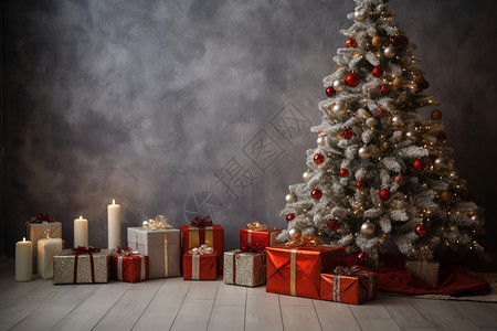 地面上的礼盒和圣诞树图片
