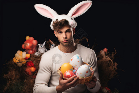 抱着彩蛋的兔子抱着兔蛋的英俊男士背景
