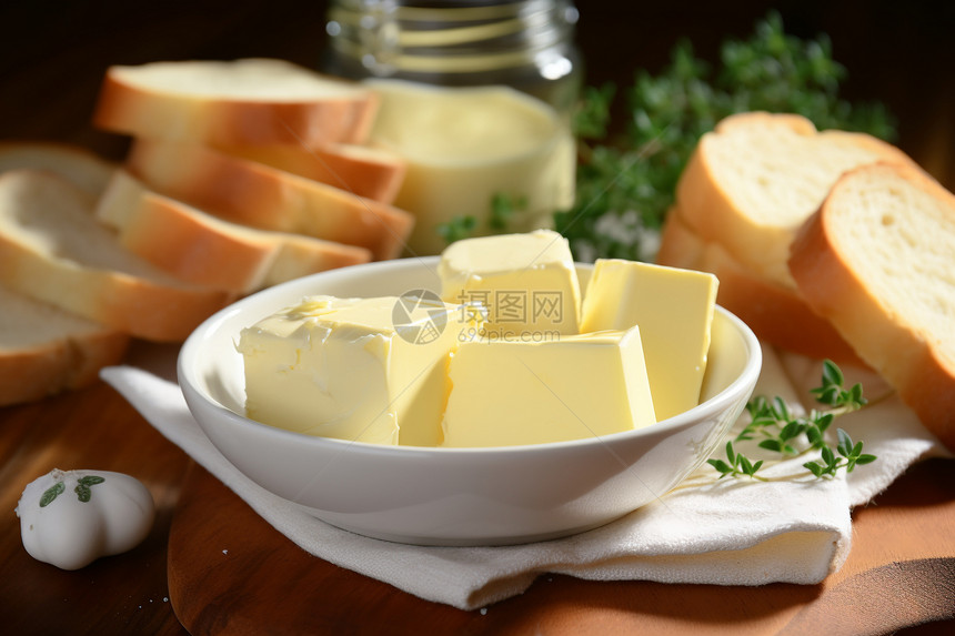 桌子上的黄油和面包图片