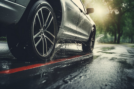 下雨道路上行驶的汽车图片