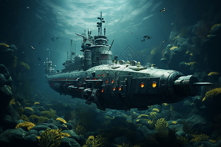 海底世界的潜水艇背景图片