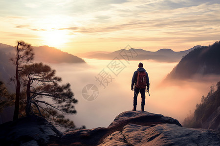 山顶岩石上的登山者图片