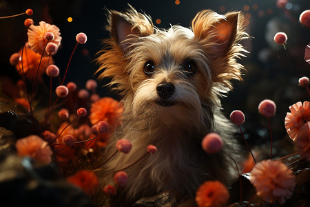 可爱的小狗和花朵图片