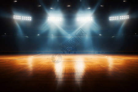 篮球框侧面室内篮球场中的灯光背景