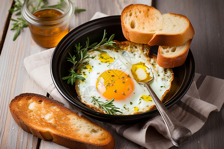 煎蛋烤面包一盘鸡蛋和面包背景
