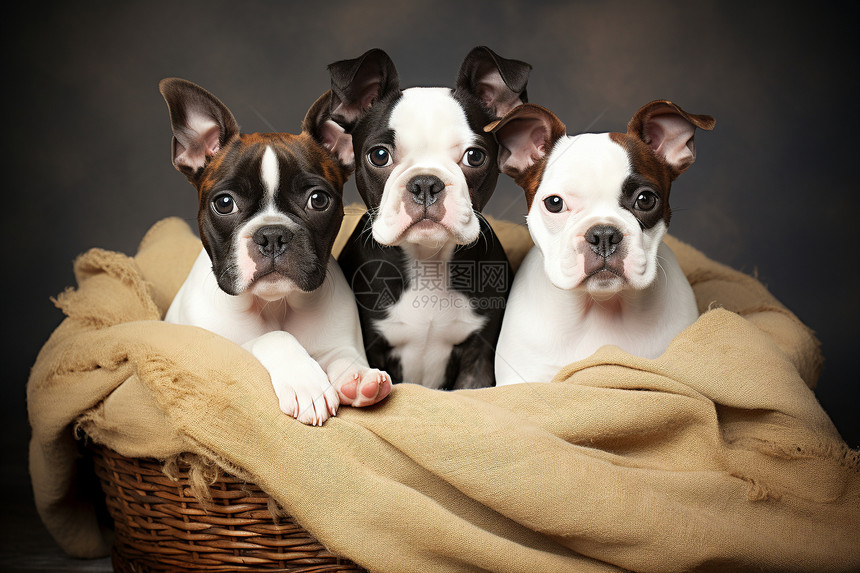 三只小狗一起坐在篮子里图片